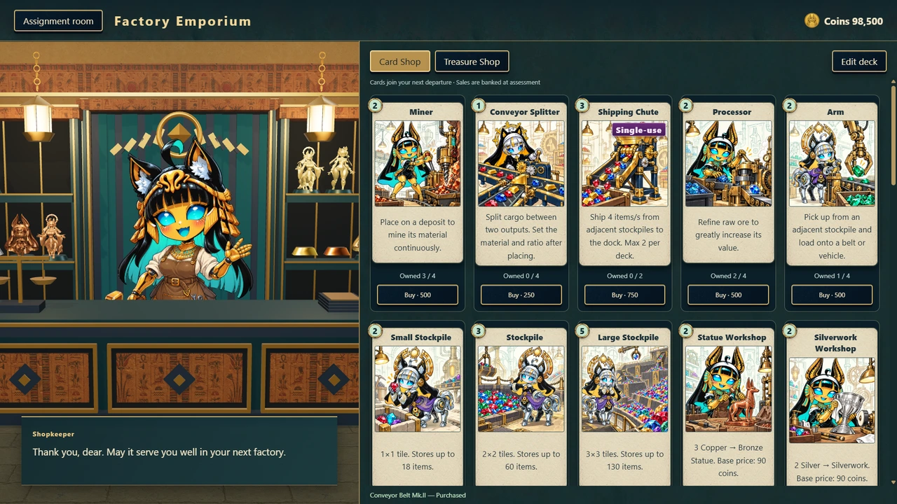The factory shop, its shopkeeper, and cards available to buy